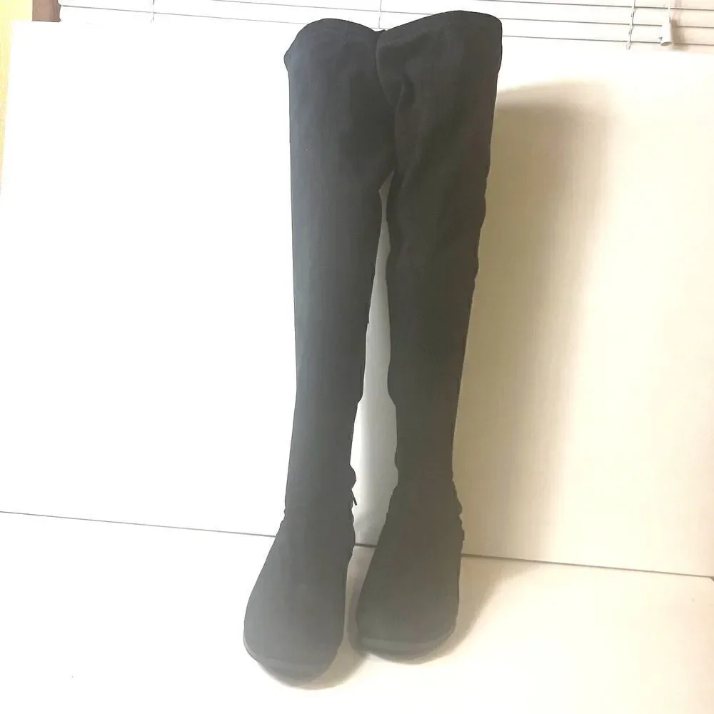 Madden Girl Women 7.5M Black Faux Suede Over The Knee Boots Pull On/Zip Low Heel